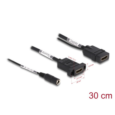 Delock HDMI Kabel 4K 60 Hz mit DC Einspeisung 2,1 x 5,5 mm 0,30 m zum Einbau