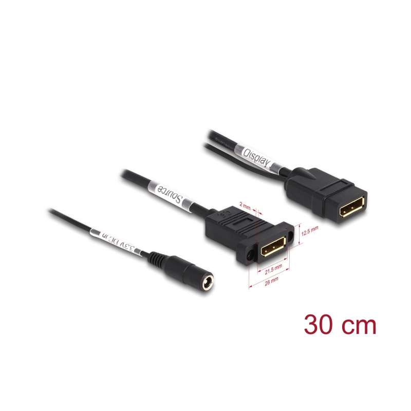 Delock DisplayPort Kabel 4K 60 Hz mit DC Einspeisung 2,1 x 5,5 mm 0,30 m zum Einbau
