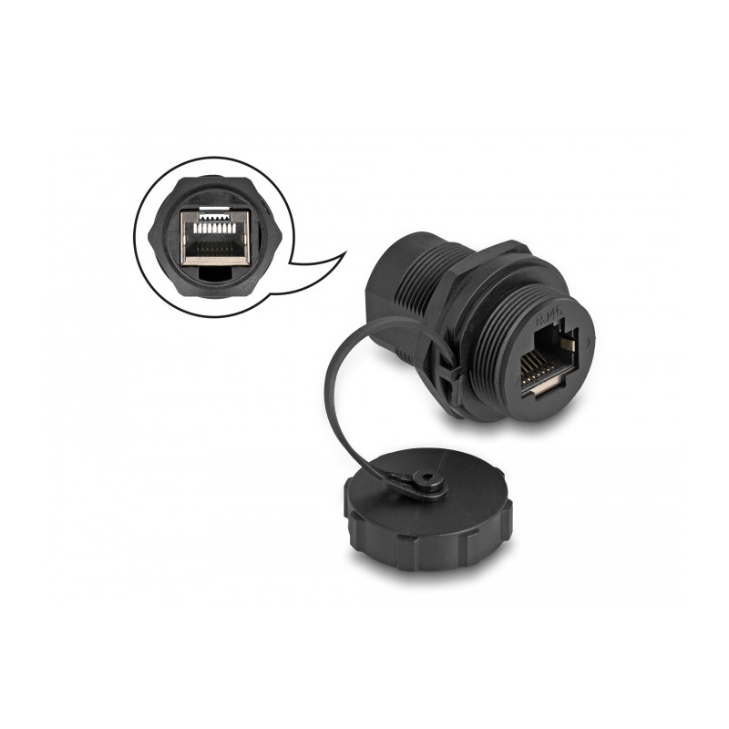 Delock RJ45 Cat.6A Kupplung mit Verschlusskappe IP67 staub- und wasserdicht