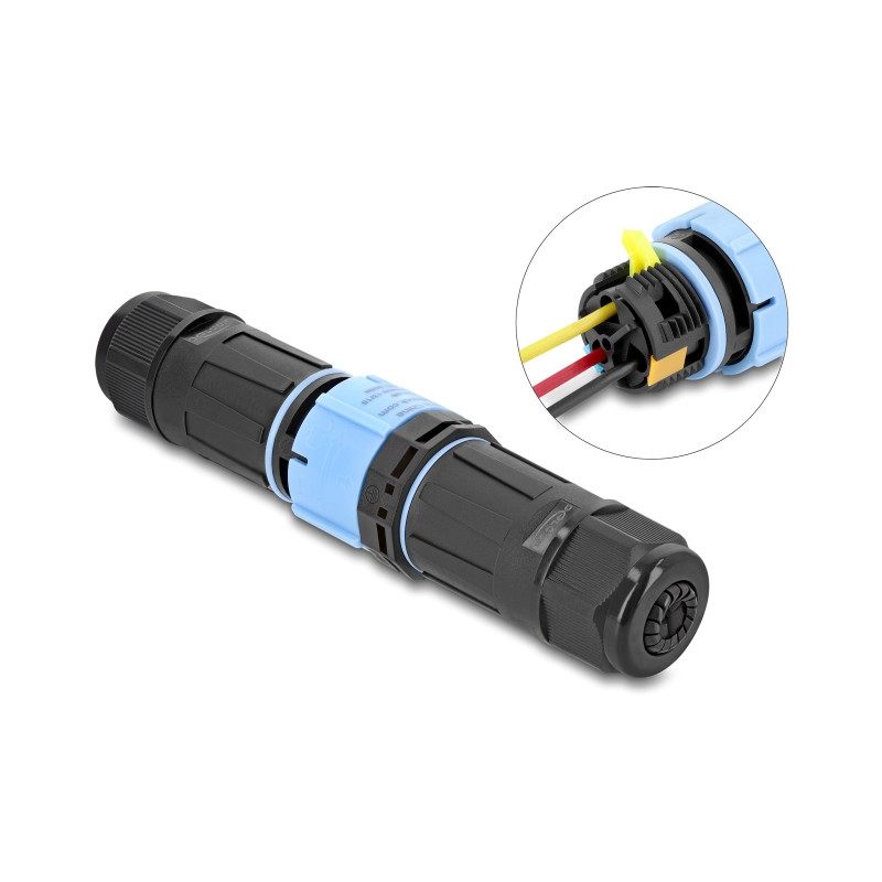 Delock Kabelverbinder mit Bajonettverschluss 3 Pin Stecker zu Buchse, IP68 wasserdicht für Kabeldurchmesser 5 - 9 mm, inkl. Dich