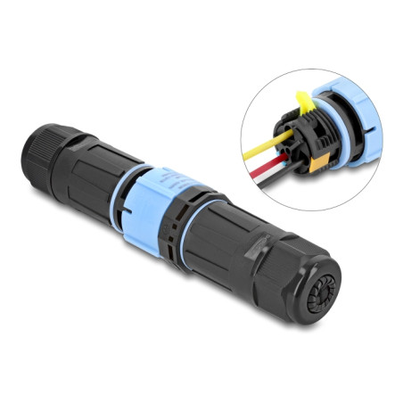 Delock Kabelverbinder mit Bajonettverschluss 3 Pin Stecker zu Buchse, IP68 wasserdicht für Kabeldurchmesser 5 - 9 mm, inkl. Dich
