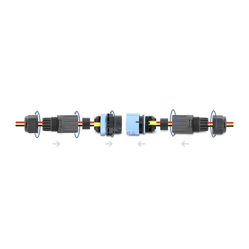 Delock Kabelverbinder mit Bajonettverschluss 3 Pin Stecker zu Buchse, IP68 wasserdicht für Kabeldurchmesser 5 - 9 mm, inkl. Dich