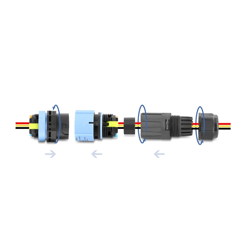 Delock Kabelverbinder mit Bajonettverschluss 3 Pin Stecker zu Buchse mit Gehäuse zum Einbau, IP68 wasserdicht für Kabeldurchmess
