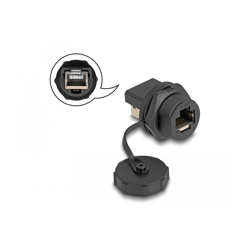Delock RJ45 Cat.6A Kupplung mit Verschlusskappe zum Einbau IP67 staub- und wasserdicht