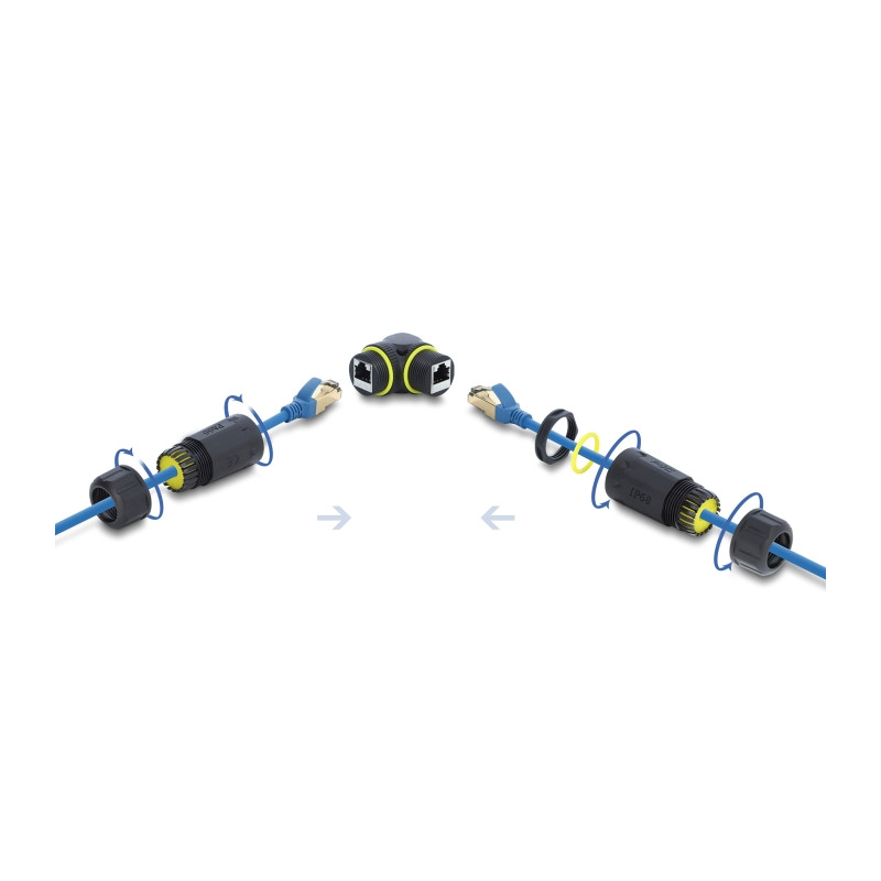 Delock Kabelverbinder RJ45 Buchse zu RJ45 Buchse Cat.6 mit M23 x 1,5 mm Gewinde 90° gewinkelt IP68 staub- und wasserdicht schwar