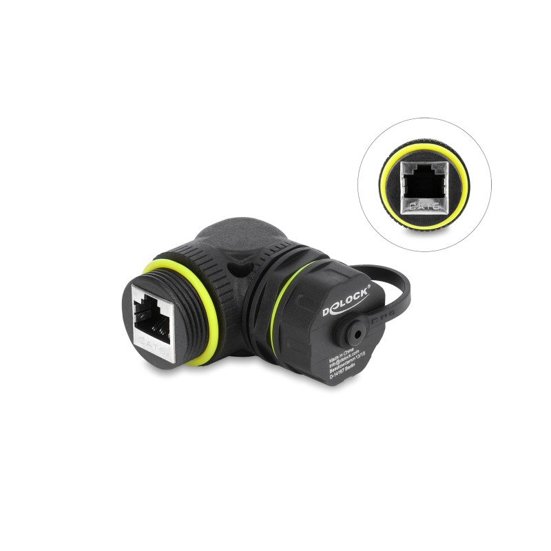 Delock Kabelverbinder RJ45 Buchse zu RJ45 Buchse Cat.6 mit M23 x 1,5 mm Gewinde und Verschlusskappe 90° gewinkelt IP68 staub- un
