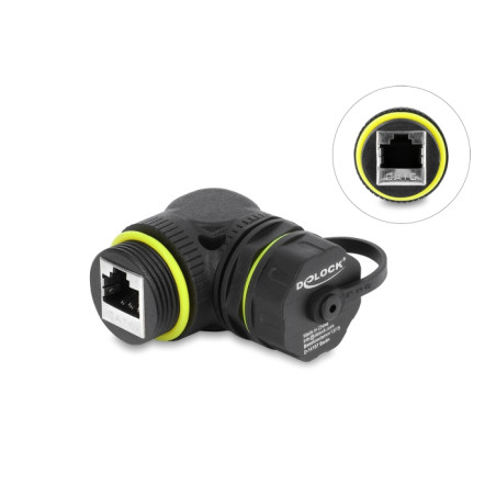 Delock Kabelverbinder RJ45 Buchse zu RJ45 Buchse Cat.6 mit M23 x 1,5 mm Gewinde und Verschlusskappe 90° gewinkelt IP68 staub- un