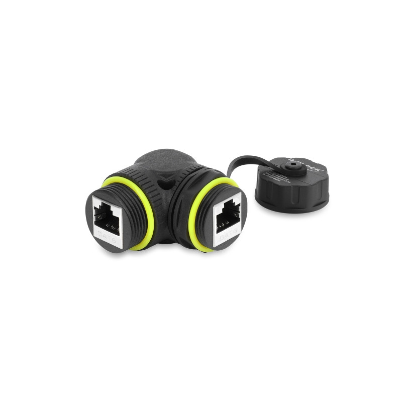 Delock Kabelverbinder RJ45 Buchse zu RJ45 Buchse Cat.6 mit M23 x 1,5 mm Gewinde und Verschlusskappe 90° gewinkelt IP68 staub- un