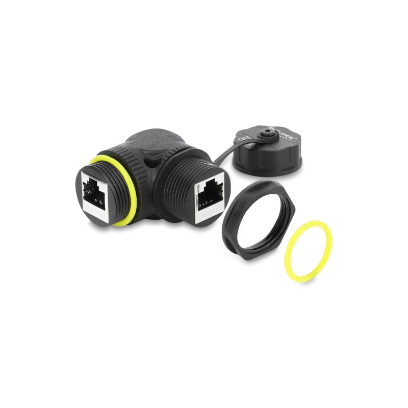 Delock Kabelverbinder RJ45 Buchse zu RJ45 Buchse Cat.6 mit M23 x 1,5 mm Gewinde und Verschlusskappe 90° gewinkelt IP68 staub- un