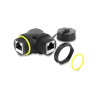 Delock Kabelverbinder RJ45 Buchse zu RJ45 Buchse Cat.6 mit M23 x 1,5 mm Gewinde und Verschlusskappe 90° gewinkelt IP68 staub- un