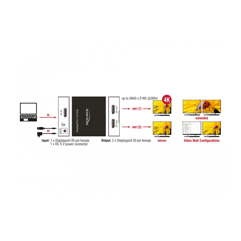 Delock DisplayPort 1.2 Splitter 1 x DisplayPort in - 2 x DisplayPort out 4K