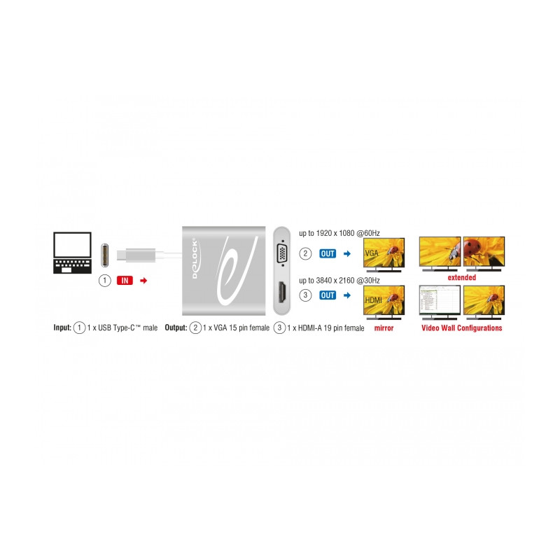 Delock USB Type-C™ Splitter (DP Alt Mode) - 1 x HDMI + 1 x VGA out