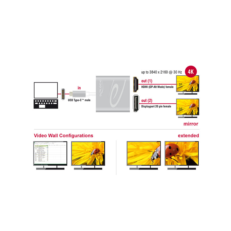 Delock USB Type-C™ Splitter (DP Alt Mode) - 1 x HDMI + 1 x DisplayPort out 4K 30 Hz