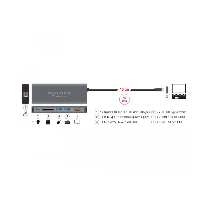Delock USB Type-C™ 3.1 Dockingstation HDMI 4K 30 Hz, Gigabit LAN und USB PD Funktion