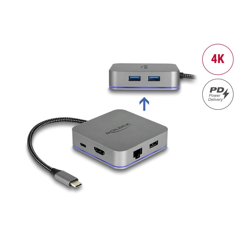 Delock USB Type-C™ Dockingstation für Mobilgeräte 4K - HDMI / Hub / LAN / PD 3.0 mit LED Beleuchtung