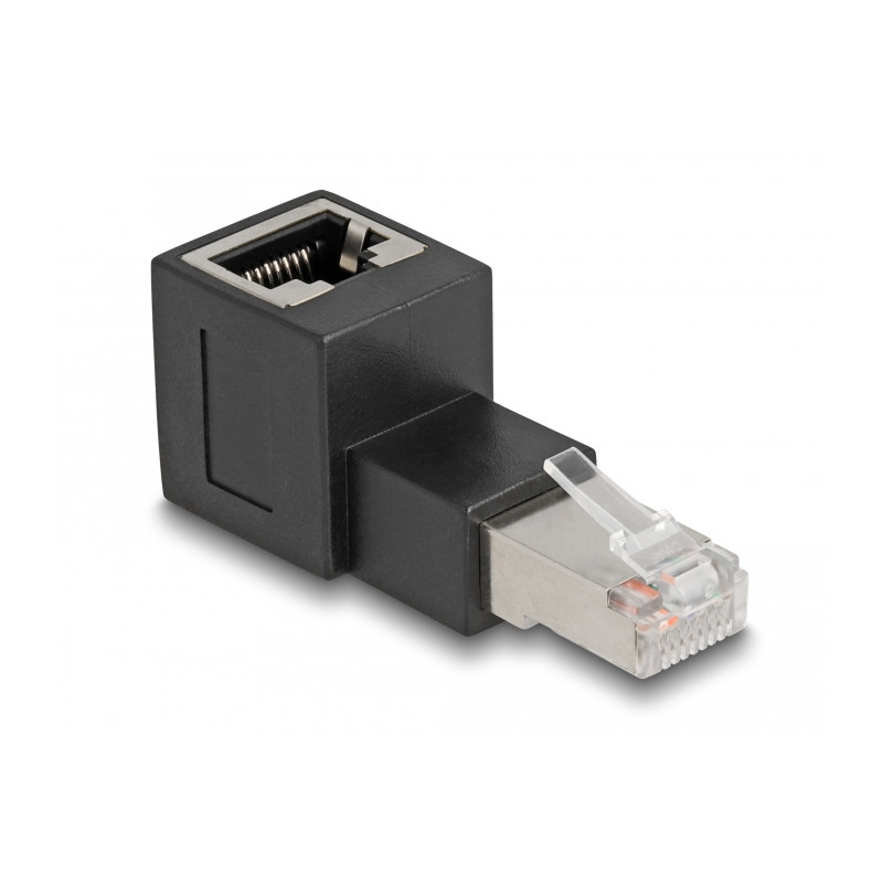 Delock RJ45 Stecker zu RJ45 Buchse Adapter Cat.6A 90° nach oben gewinkelt