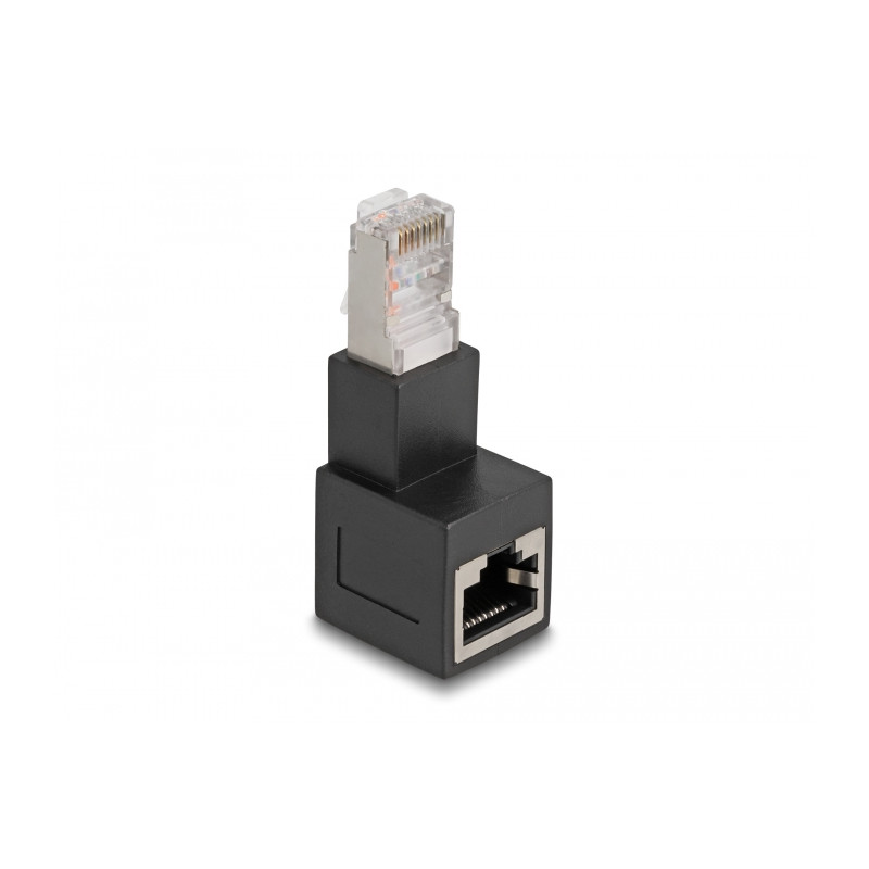 Delock RJ45 Stecker zu RJ45 Buchse Adapter Cat.6A 90° nach unten gewinkelt