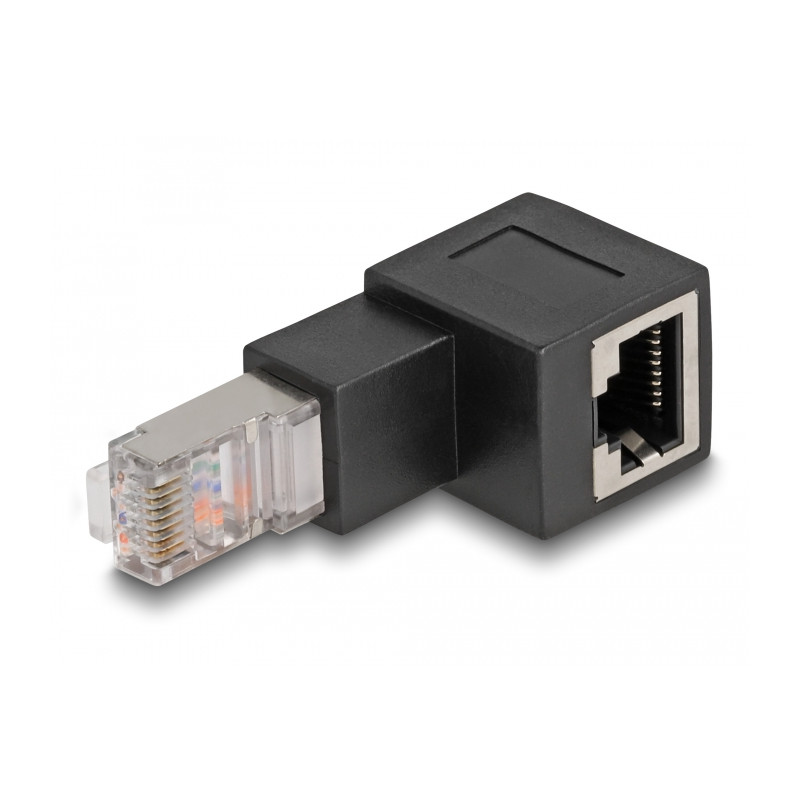 Delock RJ45 Stecker zu RJ45 Buchse Adapter Cat.6A 90° nach unten gewinkelt