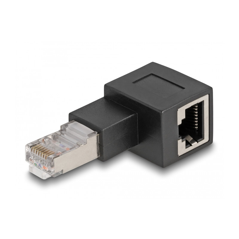 Delock RJ45 Stecker zu RJ45 Buchse Adapter Cat.6A 90° nach links gewinkelt