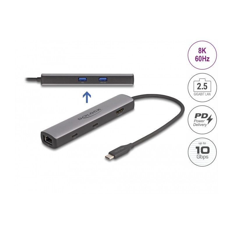 Delock USB 40 Gbps USB Type-C™ Dockingstation 8K - HDMI / USB 10 Gbps / 2,5 Gigabit LAN / PD 3.0 100 W