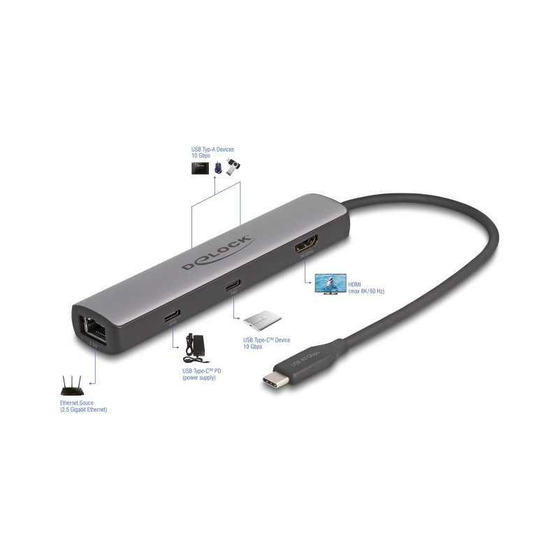Delock USB 40 Gbps USB Type-C™ Dockingstation 8K - HDMI / USB 10 Gbps / 2,5 Gigabit LAN / PD 3.0 100 W