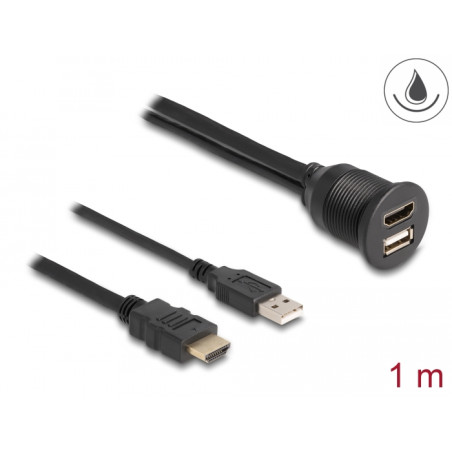 Delock Kabel HDMI-A Stecker und USB 2.0 Typ-A Stecker zu HDMI-A Buchse und USB 2.0 Typ-A Buchse zum Einbau wasserfest 1 m