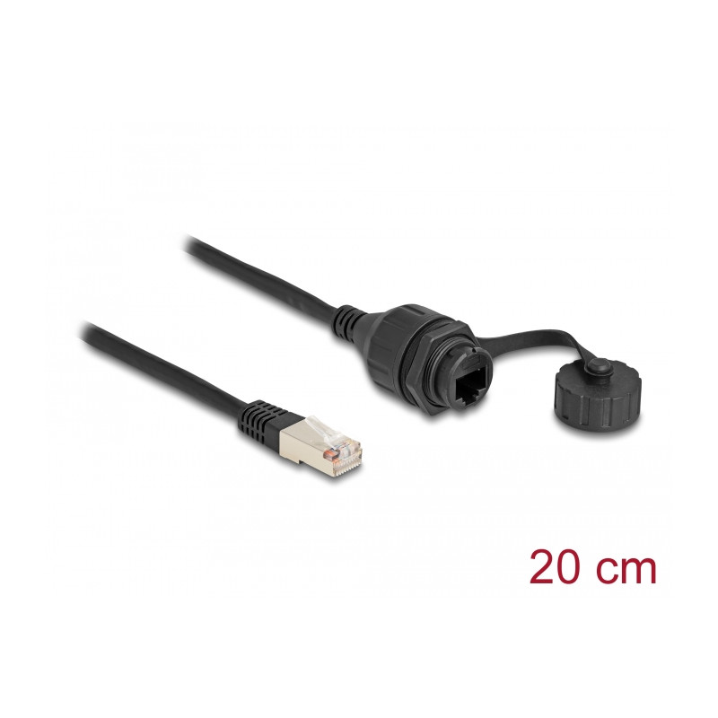 Delock Kabel RJ50 Stecker zu RJ50 Buchse zum Einbau mit Verschlusskappe IP67 staub- und wasserdicht 20 cm