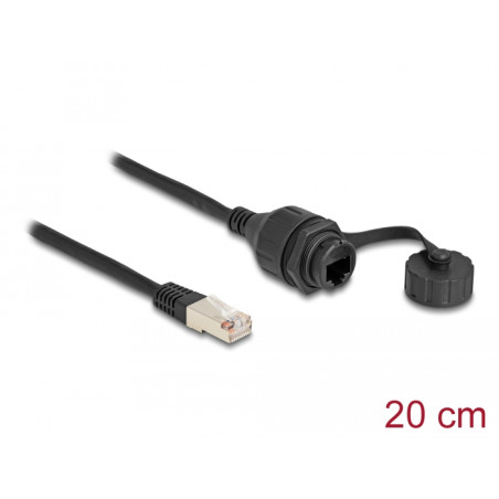 Delock Kabel RJ50 Stecker zu RJ50 Buchse zum Einbau mit Verschlusskappe IP67 staub- und wasserdicht 20 cm