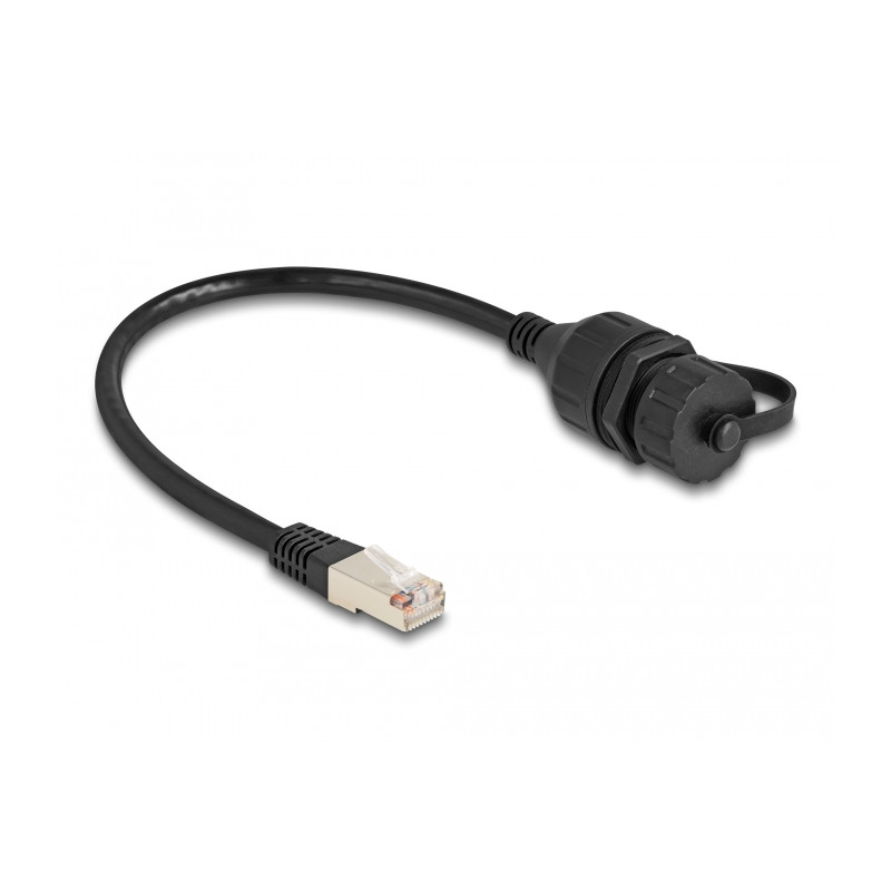 Delock Kabel RJ50 Stecker zu RJ50 Buchse zum Einbau mit Verschlusskappe IP67 staub- und wasserdicht 20 cm