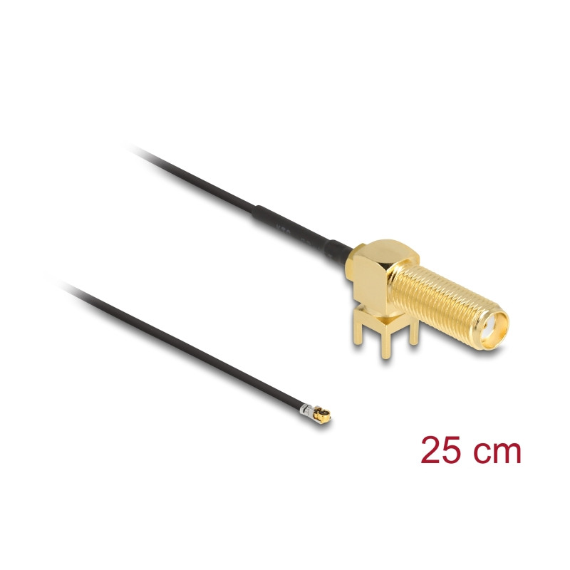 Delock Antennenkabel SMA 90° PCB Buchse zum Einbau zu I-PEX Inc., MHF® 4L Stecker 1.13 25 cm Gewindelänge 15 mm
