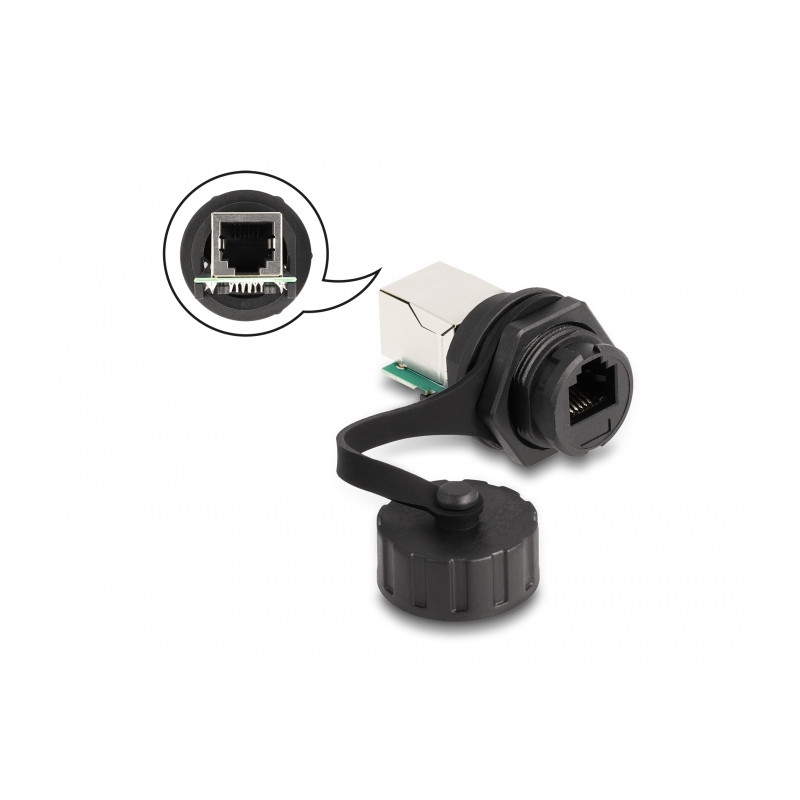 Delock Kabelverbinder RJ12 Buchse zu RJ12 Buchse zum Einbau mit Verschlusskappe IP68 staub- und wasserdicht schwarz