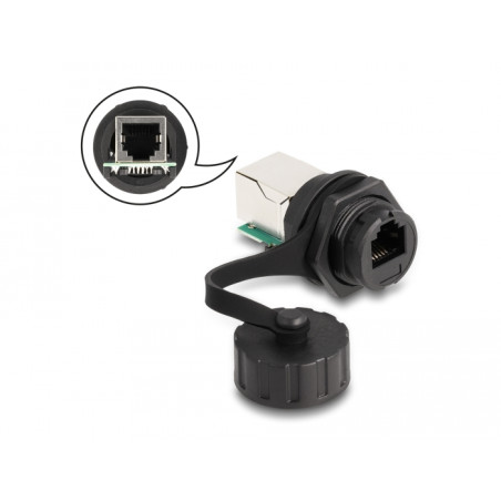 Delock Kabelverbinder RJ12 Buchse zu RJ12 Buchse zum Einbau mit Verschlusskappe IP68 staub- und wasserdicht schwarz
