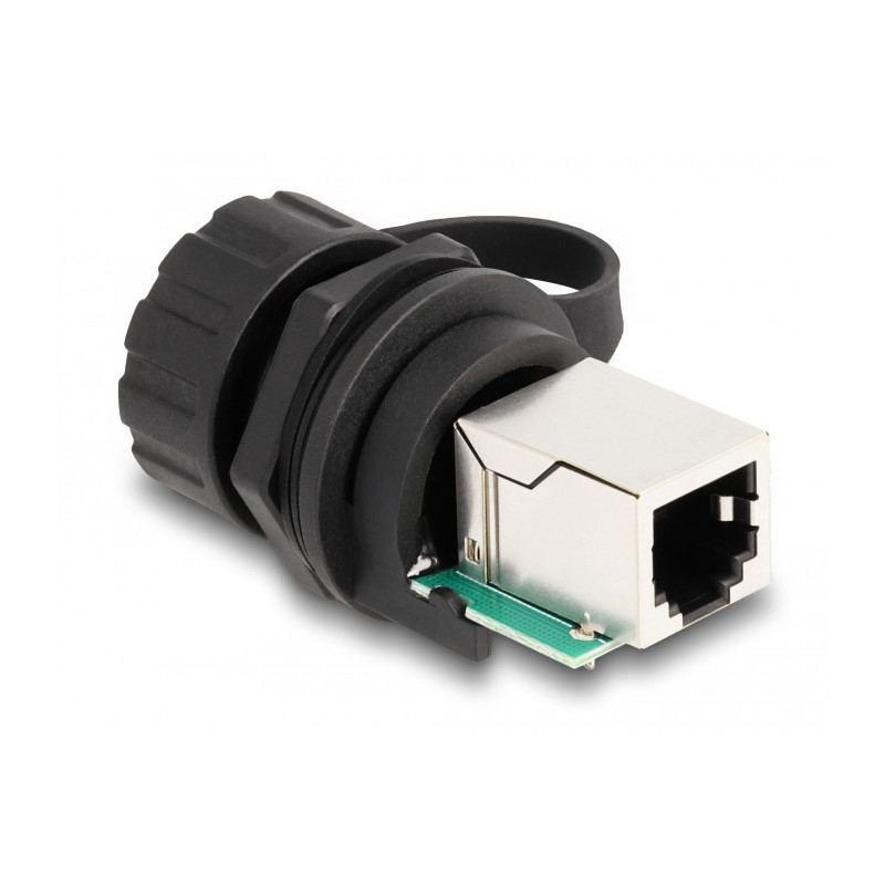 Delock Kabelverbinder RJ12 Buchse zu RJ12 Buchse zum Einbau mit Verschlusskappe IP68 staub- und wasserdicht schwarz