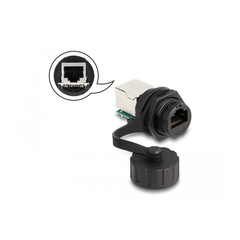 Delock Kabelverbinder RJ50 Buchse zu RJ50 Buchse zum Einbau mit Verschlusskappe IP68 staub- und wasserdicht schwarz