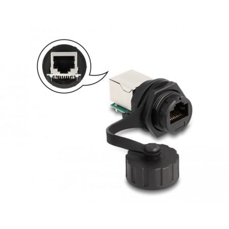 Delock Kabelverbinder RJ50 Buchse zu RJ50 Buchse zum Einbau mit Verschlusskappe IP68 staub- und wasserdicht schwarz