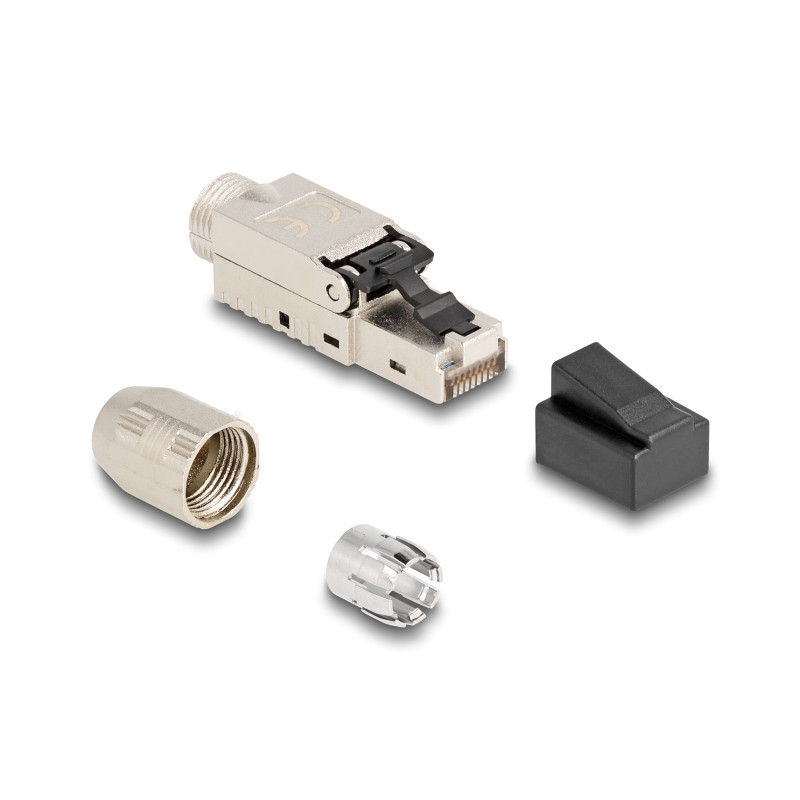 Delock RJ45 Stecker feldkonfektionierbar Cat.6A mit Kabelverschraubung und Staubschutz werkzeugfrei