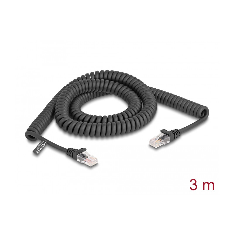 Delock RJ45 Spiralkabel Stecker zu Stecker Cat.5e 3 m schwarz