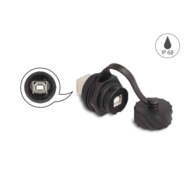 Delock Kabelverbinder USB 2.0 Typ-B Buchse zu Buchse zum Einbau mit Bajonett-Verschlusskappe IP68 staub- und wasserdicht schwarz