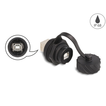 Delock Kabelverbinder USB 2.0 Typ-B Buchse zu Buchse zum Einbau mit Bajonett-Verschlusskappe IP68 staub- und wasserdicht schwarz