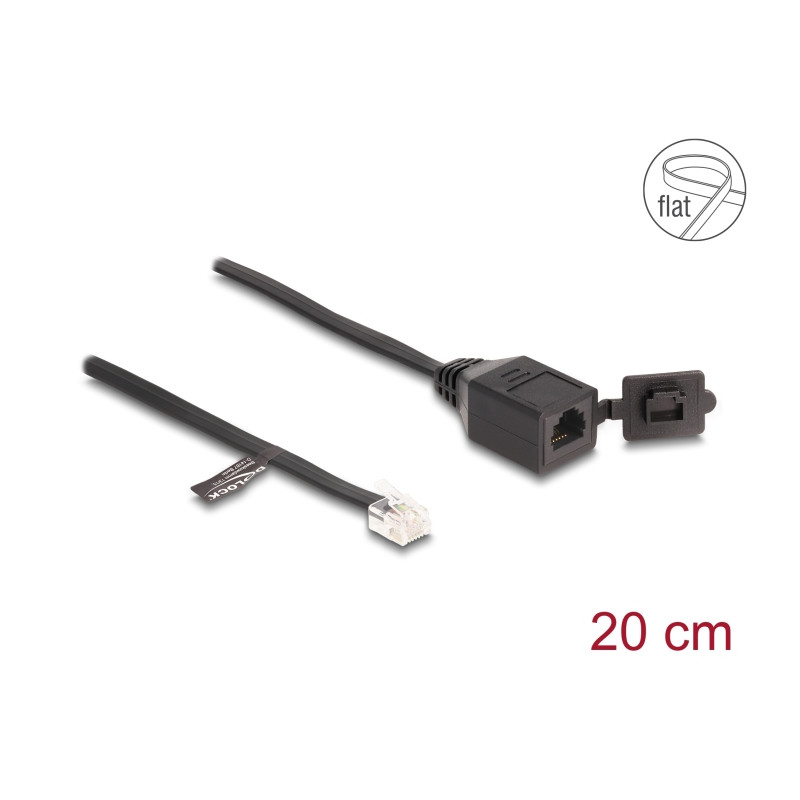 Delock Kabel RJ12 Stecker zu RJ12 Buchse mit Verschlusskappe 20 cm schwarz