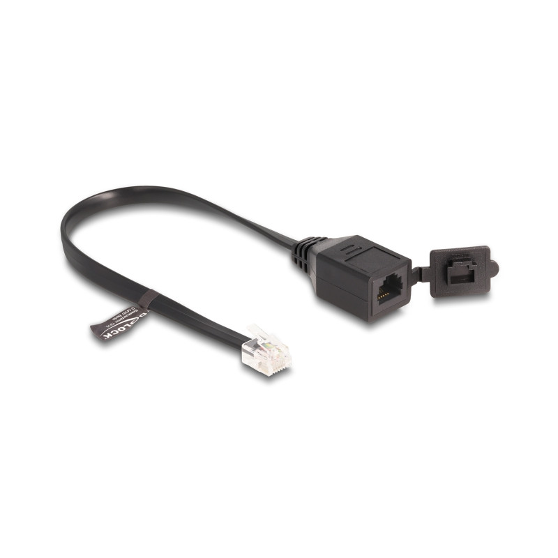 Delock Kabel RJ12 Stecker zu RJ12 Buchse mit Verschlusskappe 20 cm schwarz
