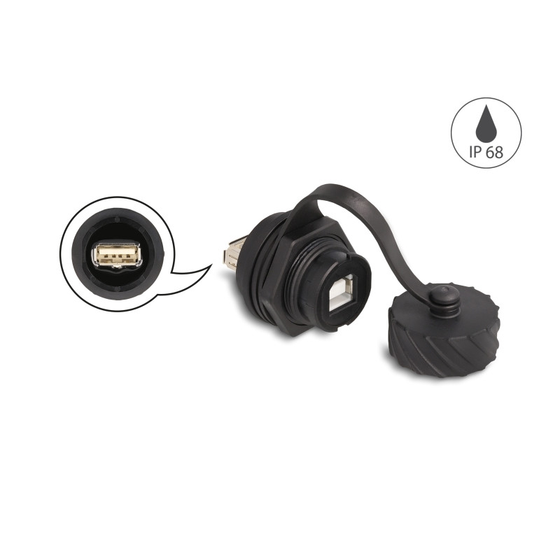 Delock Kabelverbinder USB 2.0 Typ-B Buchse zu USB 2.0 Typ-A Buchse zum Einbau mit Bajonett-Verschlusskappe IP68 staub- und wasse