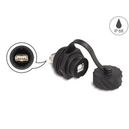 Delock Kabelverbinder USB 2.0 Typ-B Buchse zu USB 2.0 Typ-A Buchse zum Einbau mit Bajonett-Verschlusskappe IP68 staub- und wasse