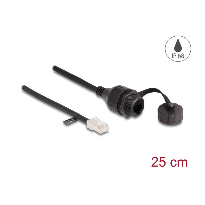 Delock Kabel RJ45 Stecker zu RJ45 Buchse zum Einbau mit Verschlusskappe Cat.5e FTP IP68 staub- und wasserdicht 25 cm schwarz