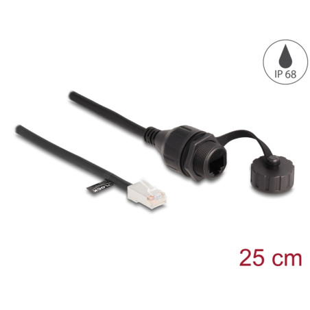 Delock Kabel RJ45 Stecker zu RJ45 Buchse zum Einbau mit Verschlusskappe Cat.5e FTP IP68 staub- und wasserdicht 25 cm schwarz