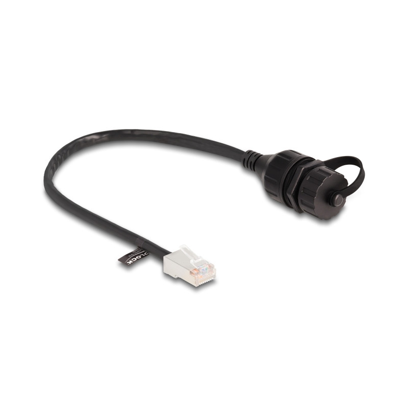 Delock Kabel RJ45 Stecker zu RJ45 Buchse zum Einbau mit Verschlusskappe Cat.5e FTP IP68 staub- und wasserdicht 25 cm schwarz
