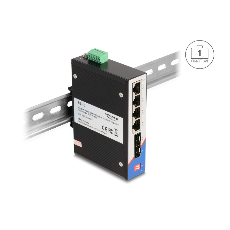 Delock Industrie Gigabit Ethernet Switch 4 Port RJ45 2 Port SFP für Hutschiene