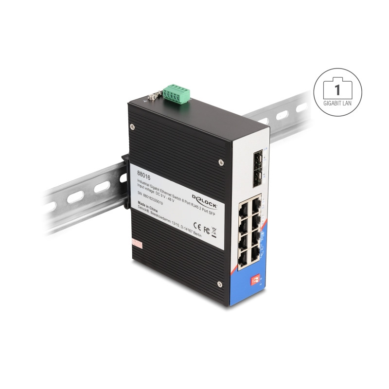 Delock Industrie Gigabit Ethernet Switch 8 Port RJ45 2 Port SFP für Hutschiene