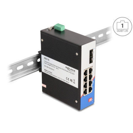 Delock Industrie Gigabit Ethernet Switch 8 Port RJ45 2 Port SFP für Hutschiene