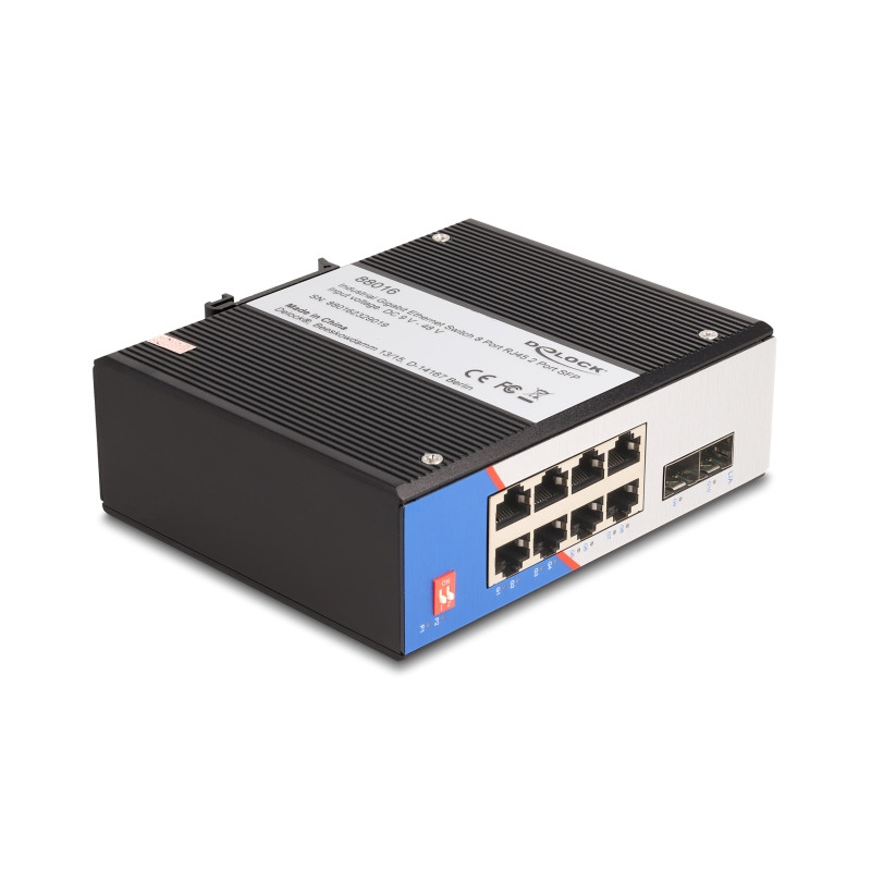 Delock Industrie Gigabit Ethernet Switch 8 Port RJ45 2 Port SFP für Hutschiene